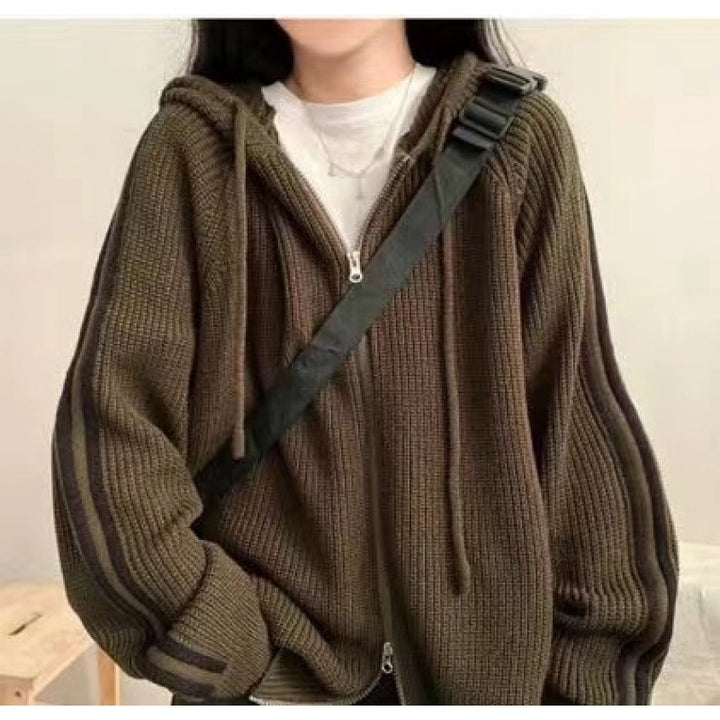 Damen lässiger Strickhoodie mit tiefem V-Ausschnitt und seitlichen Streifen Drune