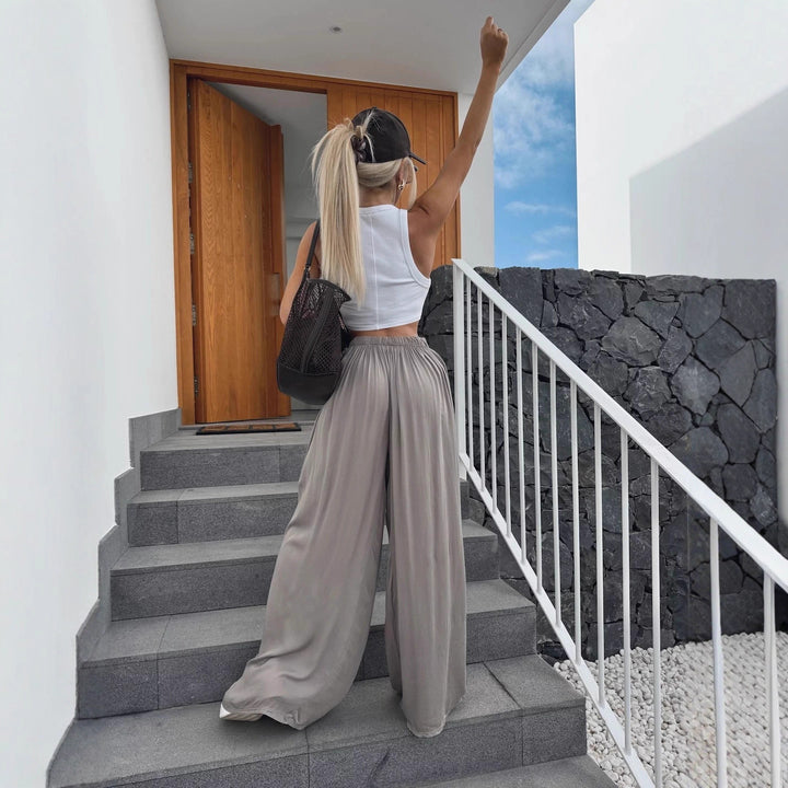 Damen luftige Palazzo-Hose mit elastischem Bund und weitem Schnitt Drune