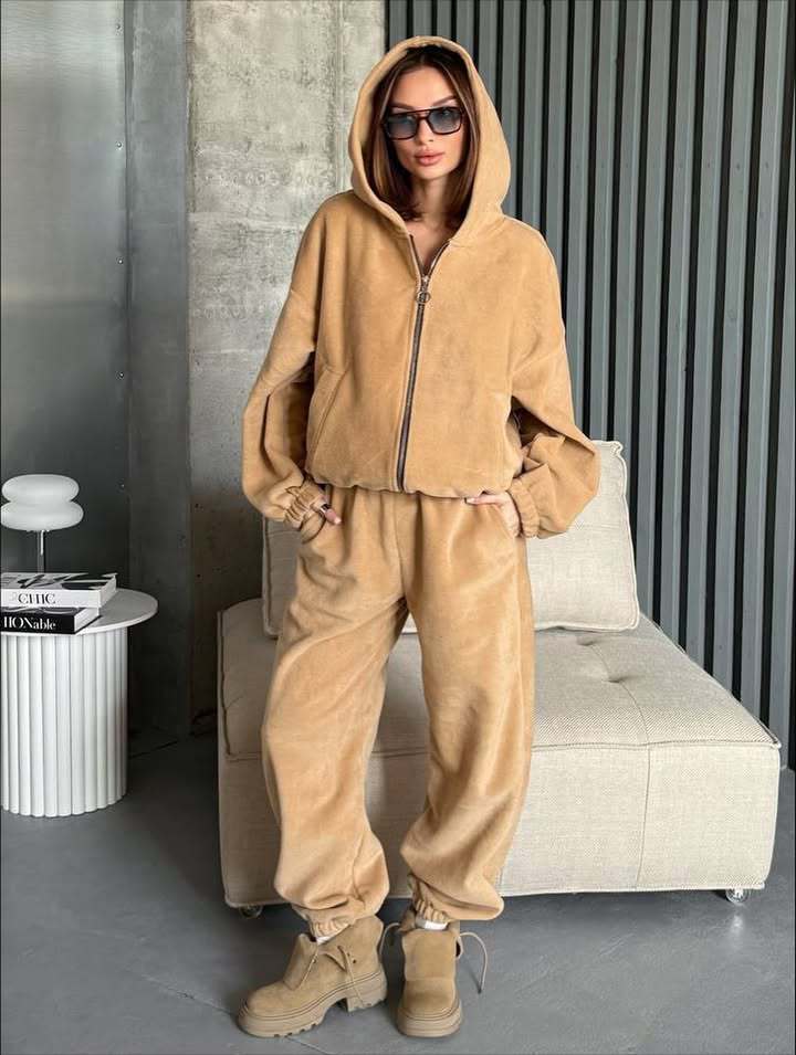 Damen Bequemer Velours-Jogginganzug mit Kapuze und Reißverschluss Drune