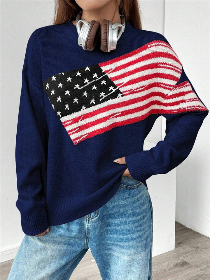 Damen Strickpullover mit Flaggenmuster und lässigem Schnitt Drune