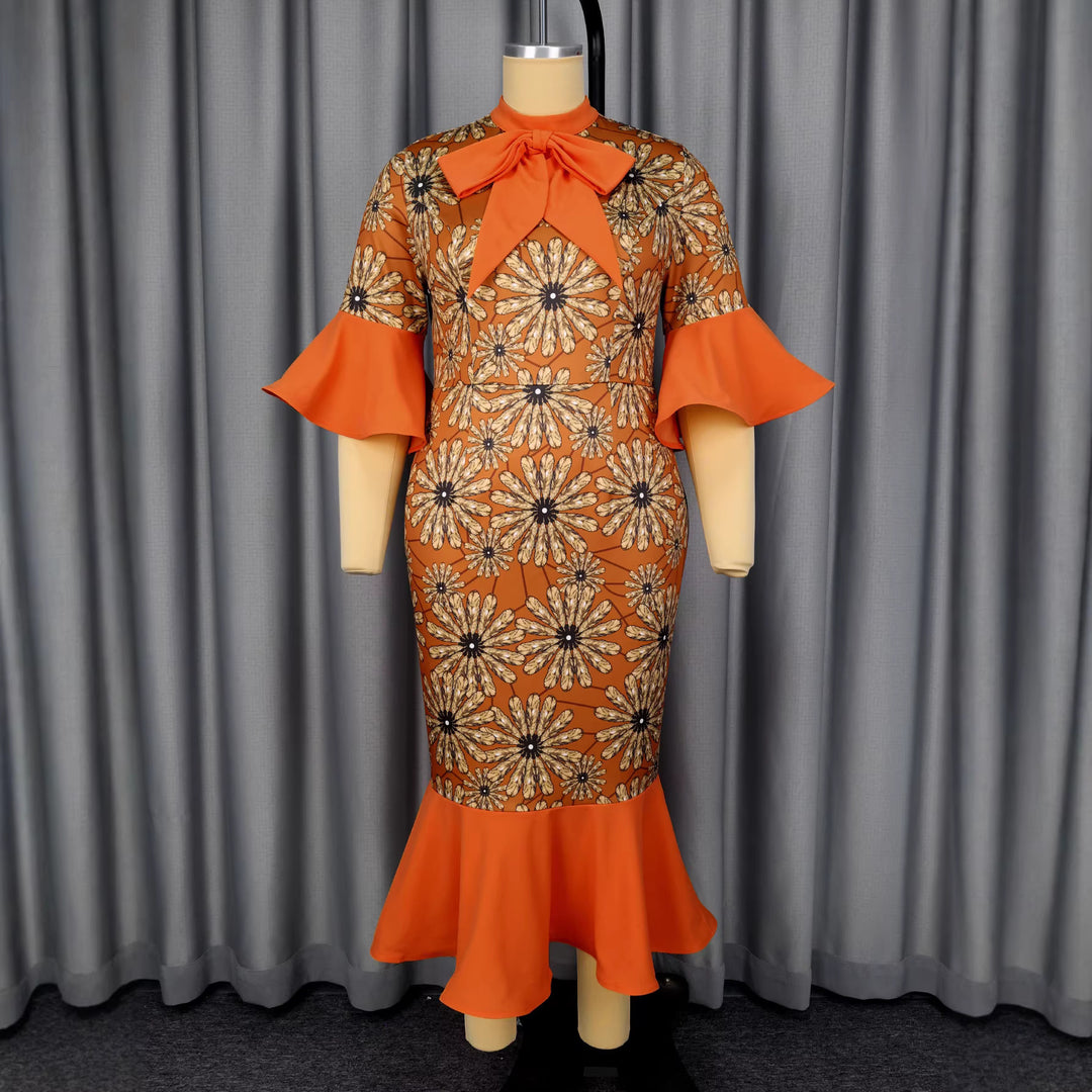 Damen Elegantes Midikleid mit floralem Muster und schickem Schleifenkragen Drune