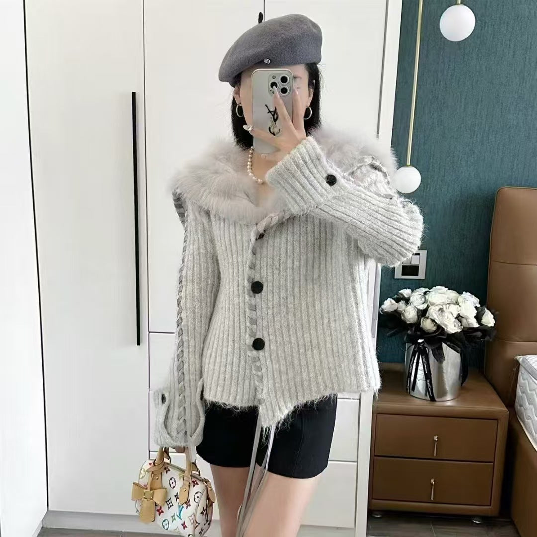 Damen Strickjacke mit Kapuze und dekorativem Kunstfell Drune