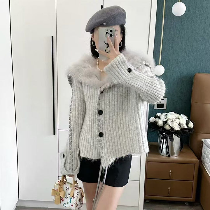 Damen Strickjacke mit Kapuze und dekorativem Kunstfell Drune