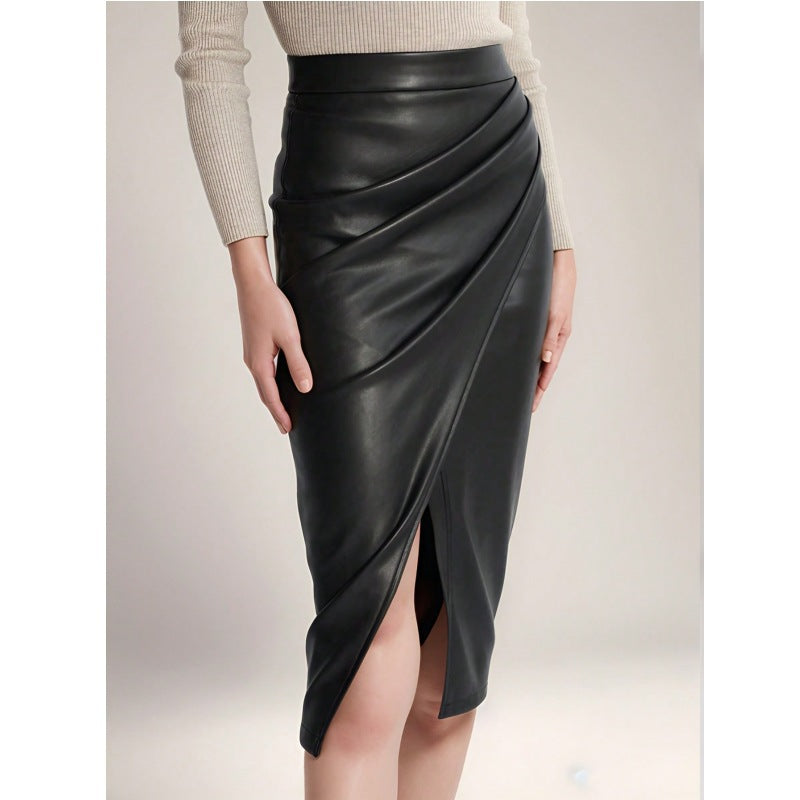 Damen Eleganter Wickelrock aus hochwertigem Kunstleder mit Schlitz Drune