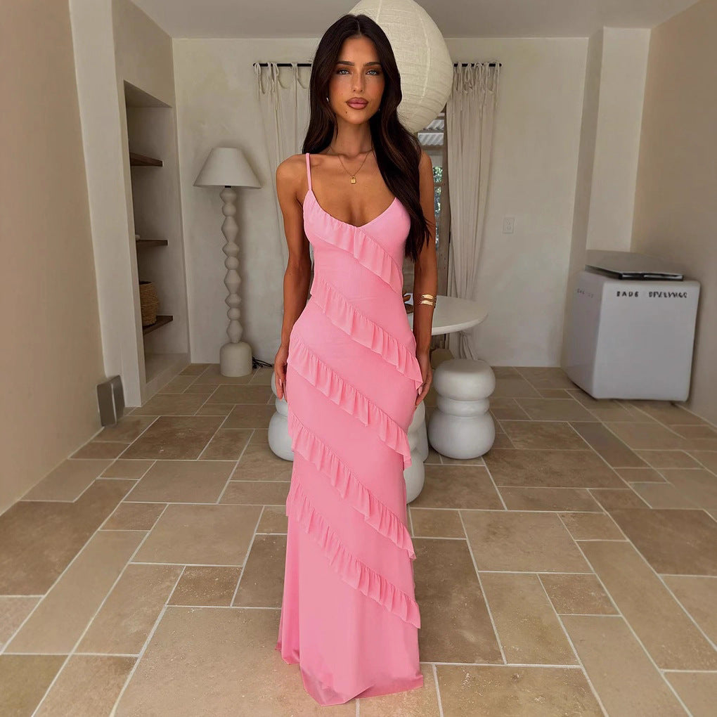 Damen Maxikleid mit Rüschendesign und Spaghettiträgern Drune