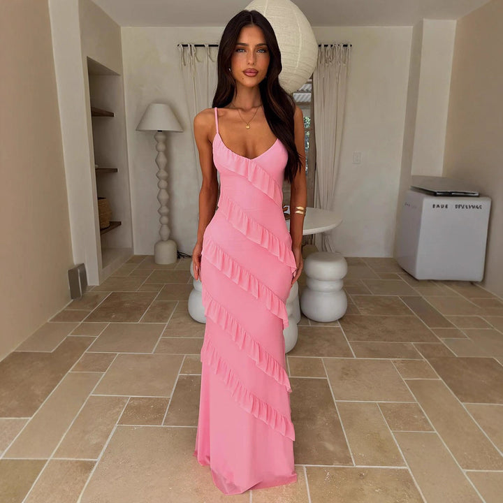 Damen Maxikleid mit Rüschendesign und Spaghettiträgern Drune