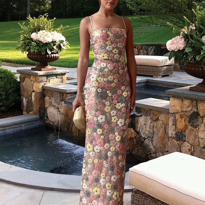 Damen Maxikleid mit floraler Spitze und schmalen Trägern Drune