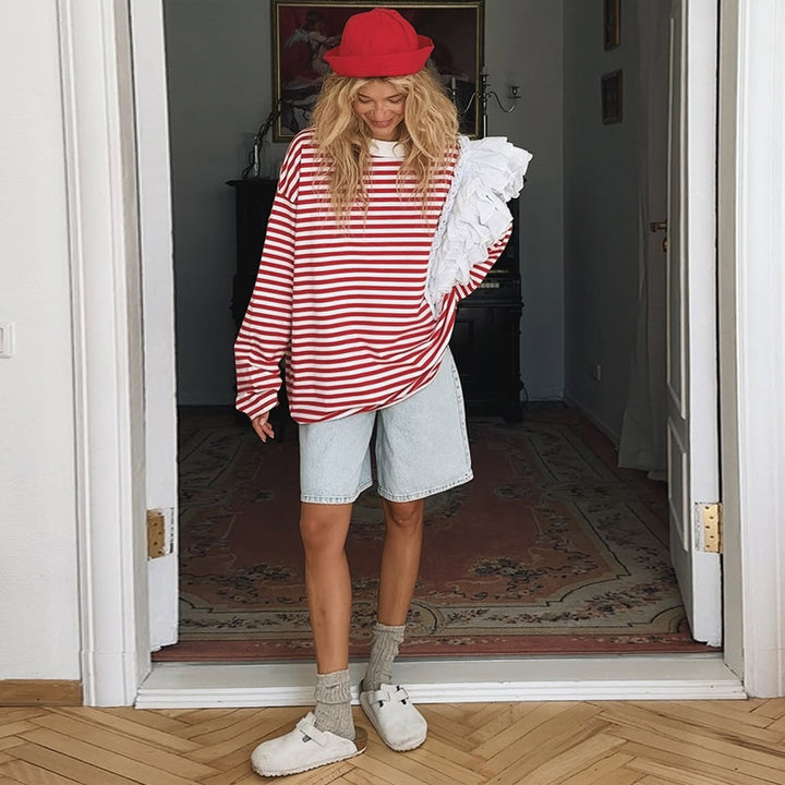 Damen Oversize Streifenpullover mit Rüschendetails Drune