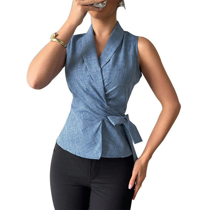 Damen elegantes Wickeloberteil mit modischem Kragen und tailliertem Schnitt Drune