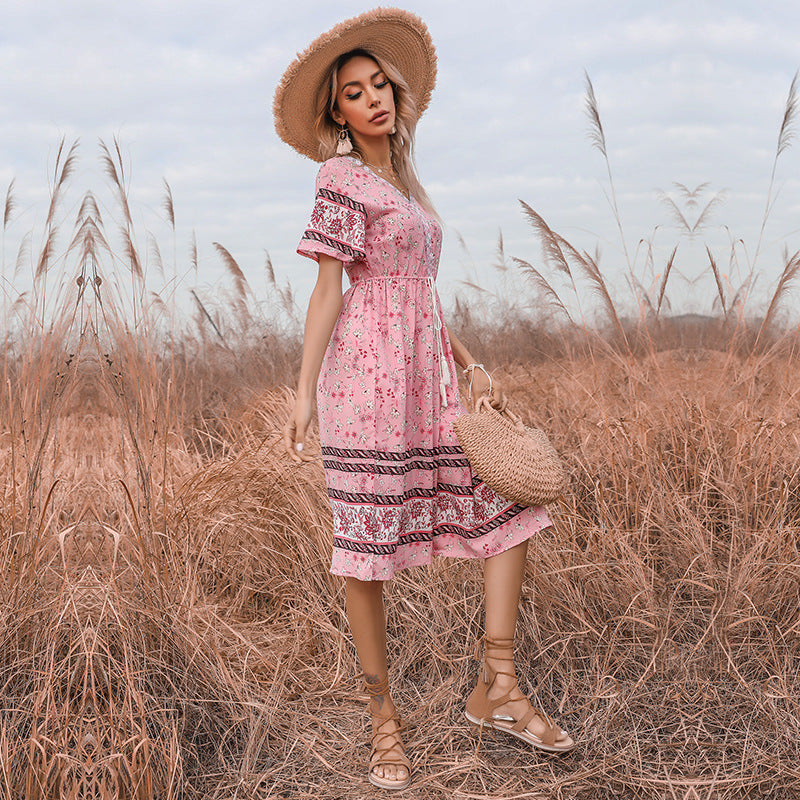 Damen Boho-inspiriertes Sommerkleid mit floralem Design und verspieltem Taillenzug Drune