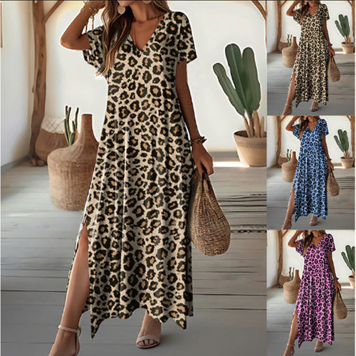 Damen Maxikleid im trendigen Animal-Print mit modernem V-Ausschnitt und seitlichen Schlitzen Drune