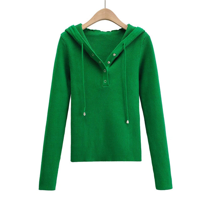 Damen lässiger Strickpullover mit Kapuze und Knopfleiste Drune