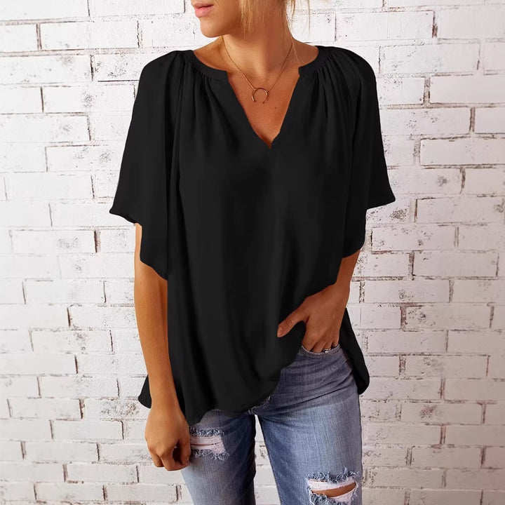 Damen lockeres Blusenshirt mit V-Ausschnitt und luftigen Ärmeln Drune