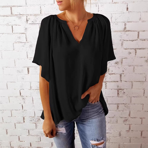Damen lockeres Blusenshirt mit V-Ausschnitt und luftigen Ärmeln Drune