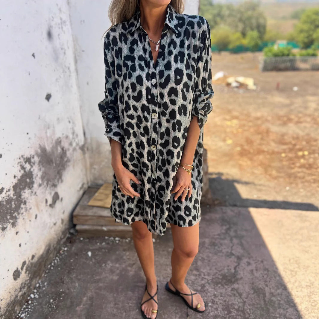 Damen Knopfleiste Leopardenmuster Hemdkleid Drune