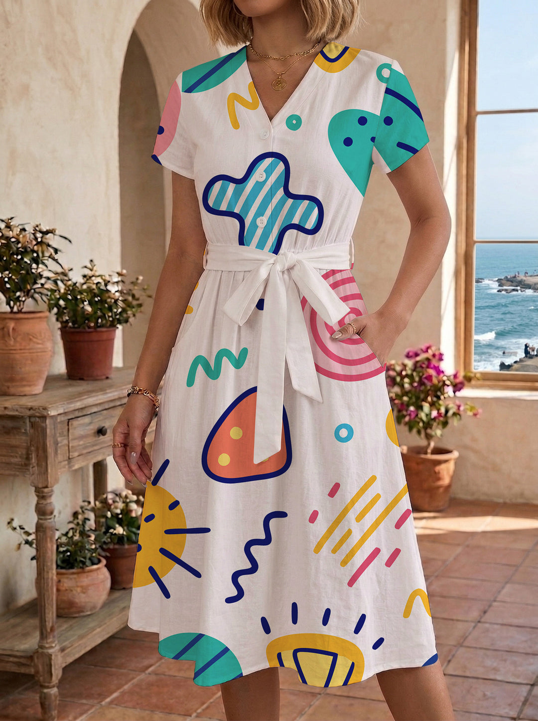 Damen Midikleid mit farbenfrohem Blumendesign und taillierbarem Bindegürtel Drune