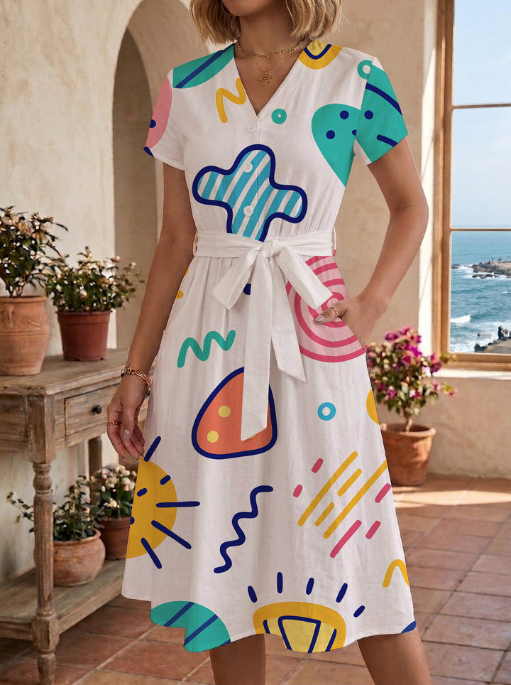 Damen Midikleid mit farbenfrohem Blumendesign und taillierbarem Bindegürtel Drune