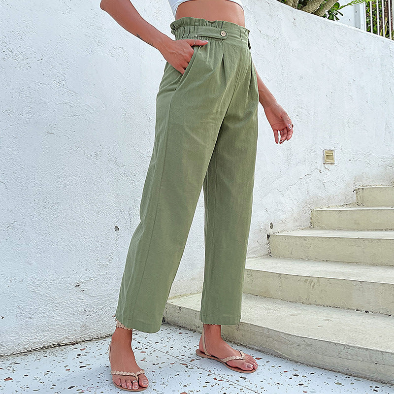Damen weite Leinenhose mit hoher Taille und dekorativen Knopfdetails Drune