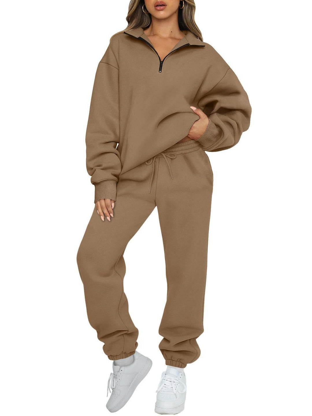 Damen nan oversized Sweatshirt Jogginghose Set mit Reißverschlusskragen Drune