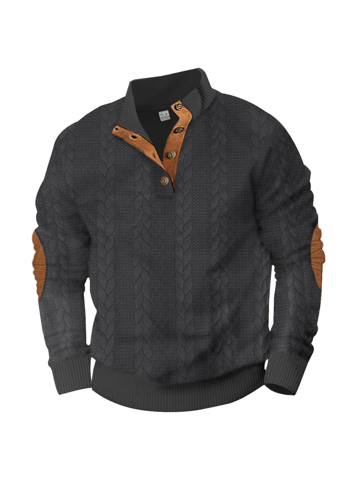 Herren nan lässiger Zopfstrickpullover mit verstärkter Knopfleiste und Wildleder-Ellenbogenpatches Drune