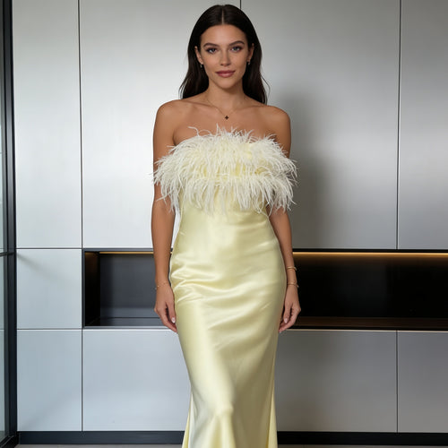 Damen Elegantes und luxuriöses Abendkleid mit dekorativem Federbesatz Drune