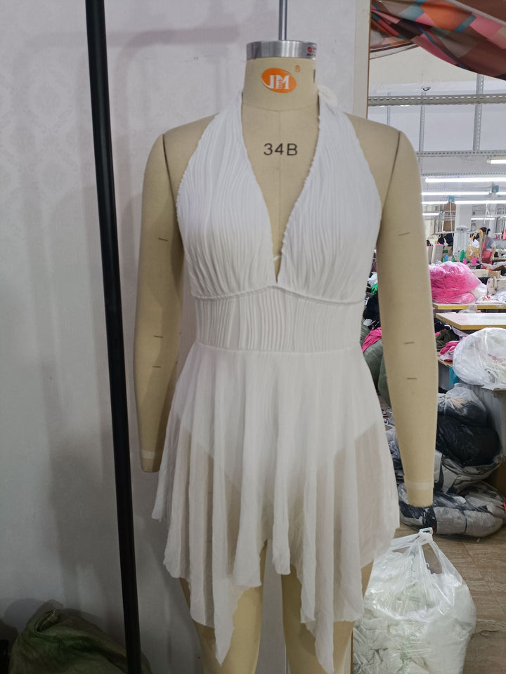 Damen Eleganter Wickel-Badeanzug mit tiefem V-Ausschnitt und Chiffonrock Drune