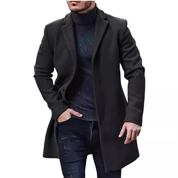 Herren eleganter länger geschnittener Wollmantel mit klassischen Revers Drune