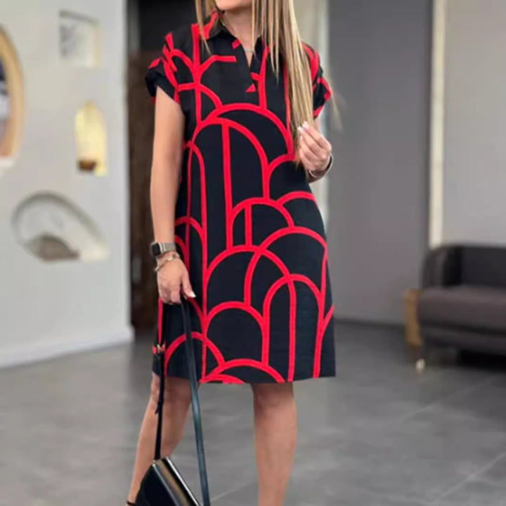 Damen nan legeres Hemdblusenkleid mit V-Ausschnitt, kurzen Umschlagärmeln und grafischem Alloverprint Drune