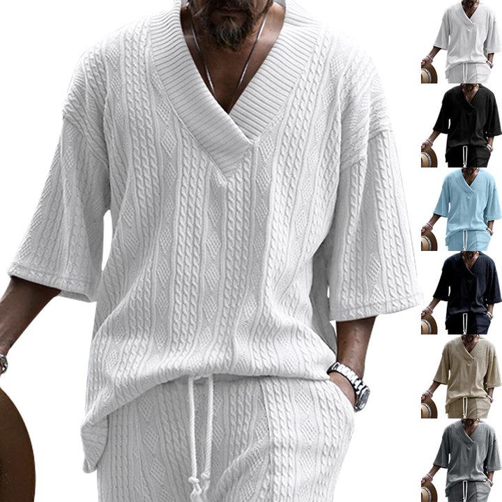 Damen nan weiter Kurzarm-Strickpullover mit Schalkragen und Zopfmuster Drune