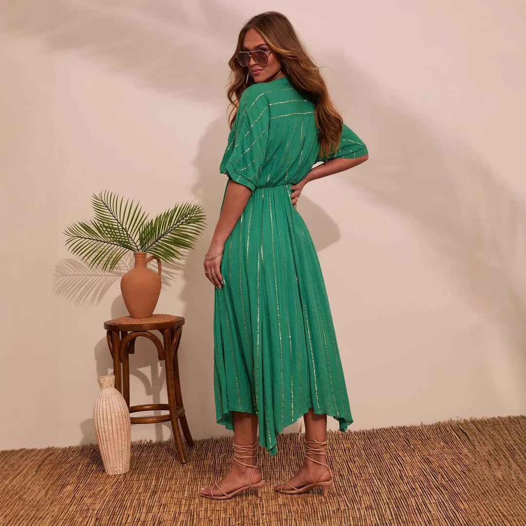 Damen Maxi-Kleid mit hochgeschlossenem V-Ausschnitt und fließendem Faltenwurf Drune