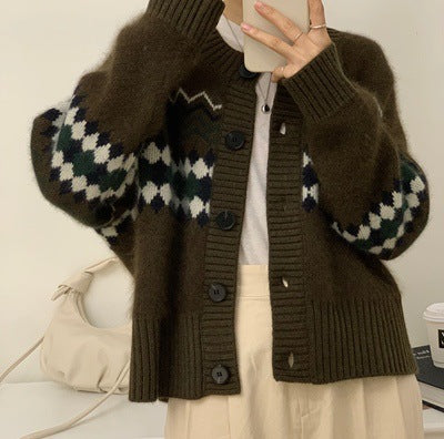 Damen modische Strickjacke mit auffälligem Jacquard-Muster Drune