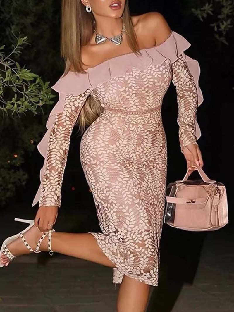 Damen Figurbetontes Spitzenkleid mit schulterfreiem Design und Rüschendetails Drune