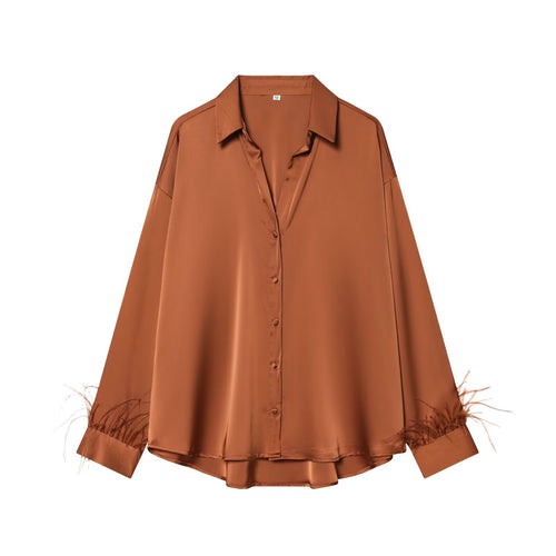 Damen Seidenbluse mit eleganten Federn an den Ärmelabschlüssen Drune