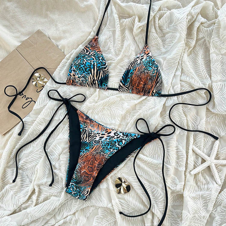 Damen Triangel-Bikini-Set mit modischem Animal-Print und verstellbaren Bindebändern Drune