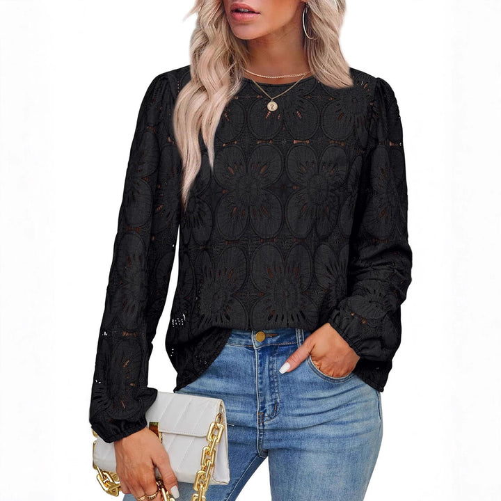 Damen Stilvolles Blusenshirt mit floralem Lochmuster und weiten Ärmeln Drune
