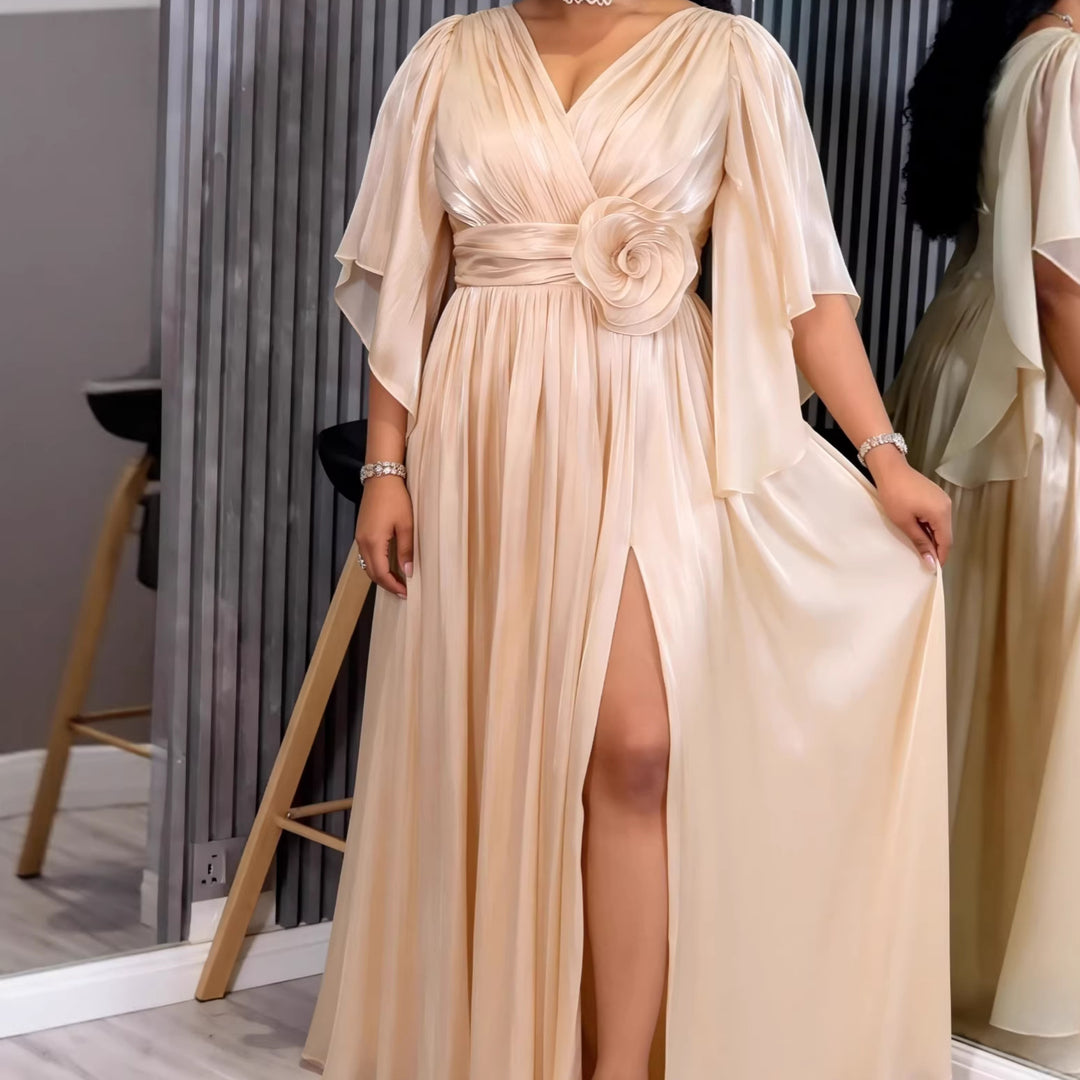 Damen Fließendes Maxi-Kleid mit eleganten Volantärmeln und Taillengürtel Drune