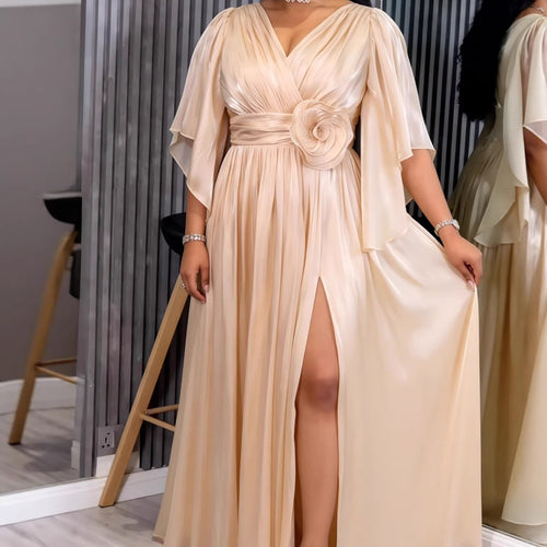 Damen Fließendes Maxi-Kleid mit eleganten Volantärmeln und Taillengürtel Drune