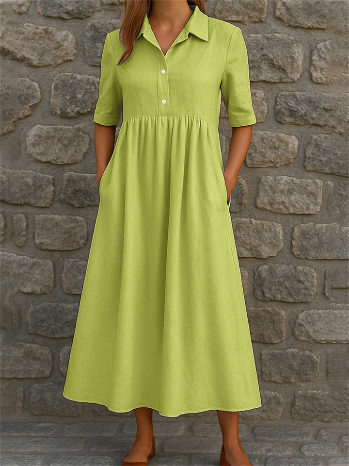 Damen legeres Midi-Kleid mit Knopfleiste und Taschen Drune