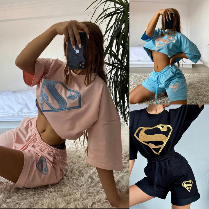 Damen sportliches Kurzarm-Shirt und Shorts-Set mit exklusivem Logo-Design Drune
