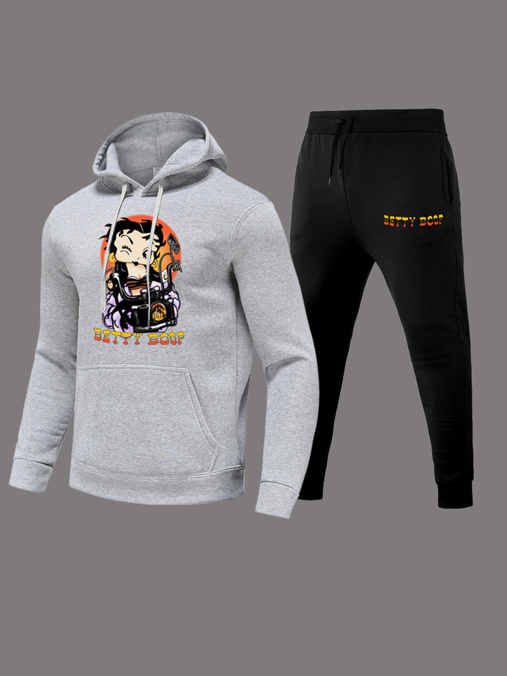 Damen modernes Kapuzenpullover und lässige Jogginghose Set mit künstlerischem Cartoon-Druck Drune