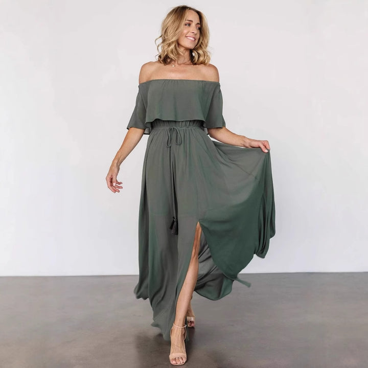 Damen elegantes Maxi-Kleid mit Off-Shoulder Design und seitlichem Schlitz Drune