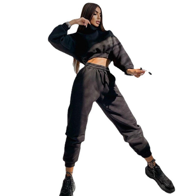 Damen nan Cropped-Hoodie-Loungewear-Set mit elastischem Rippbund, hoher Taillen-Jogginghose und dekorativem Kordelzug Drune