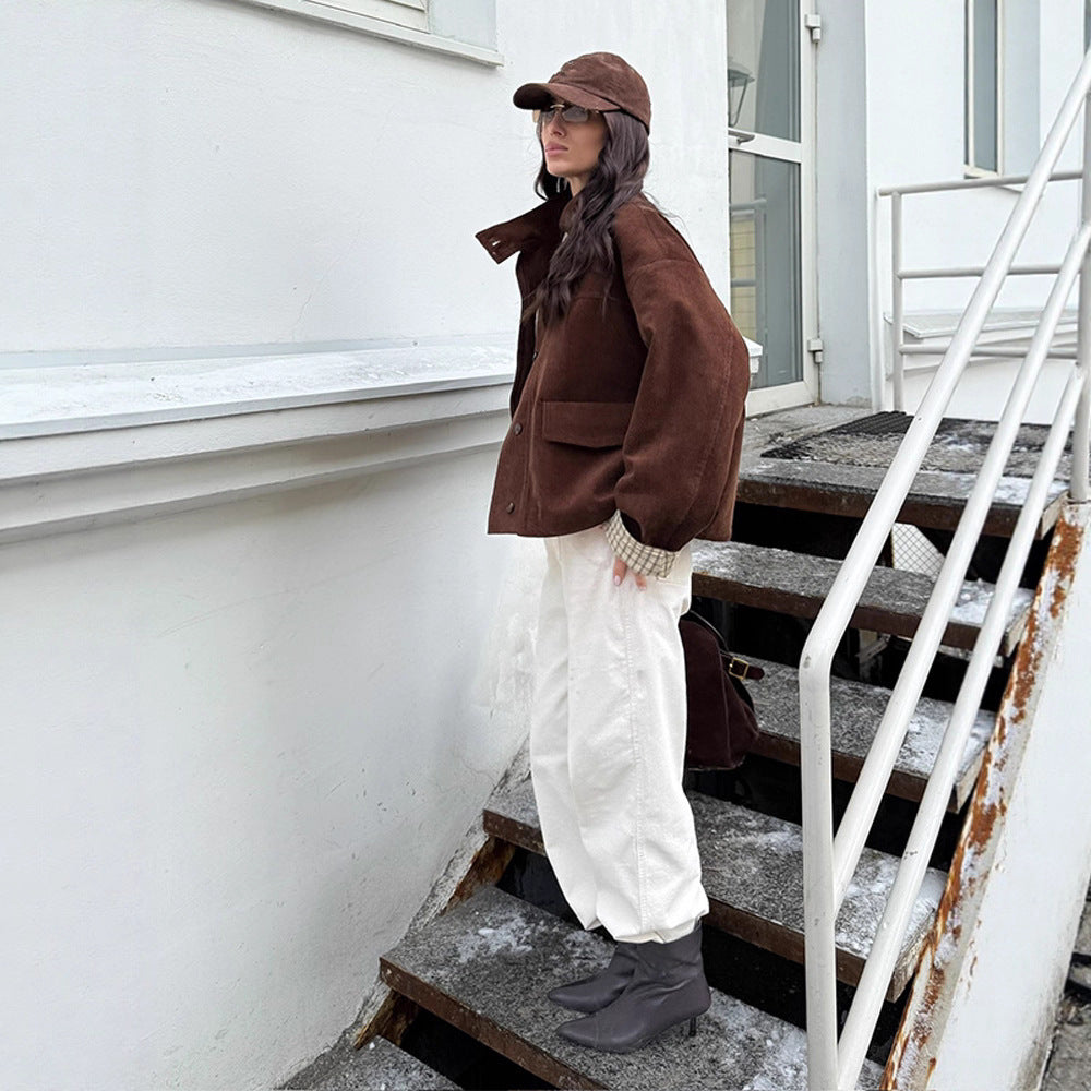 Damen lässige Cordjacke mit einzigartigem Schnitt und modischen Details Drune