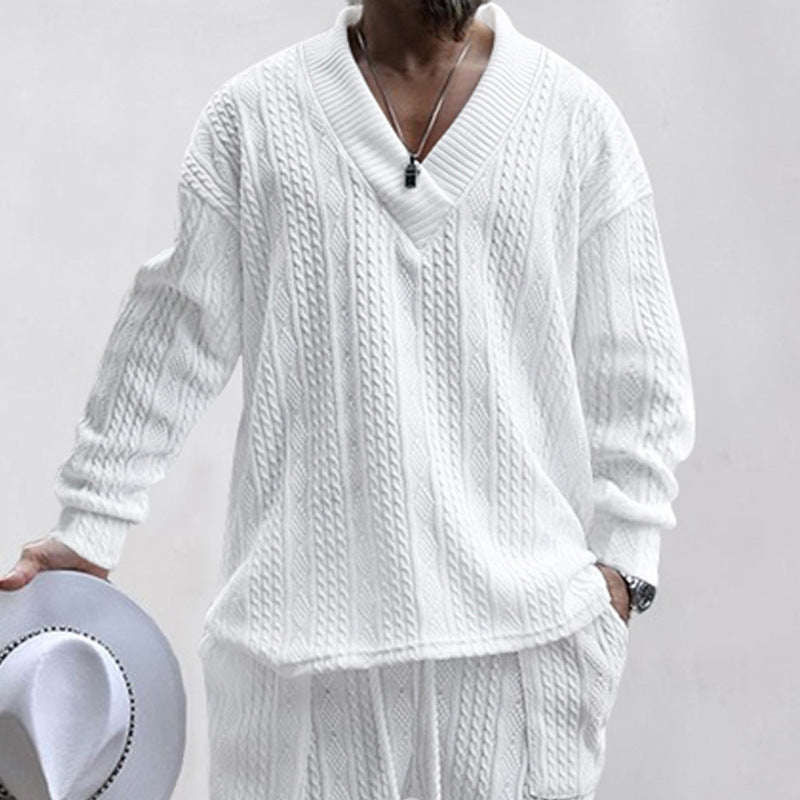 Herren nan Oversize Zopfmuster-Longpullover mit tiefem V-Ausschnitt und passender Strickhose Drune