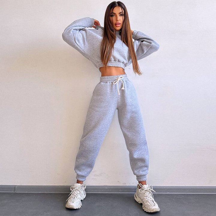 Damen modisches und lässiges cropped Sweatshirt und Jogginghose Set Drune