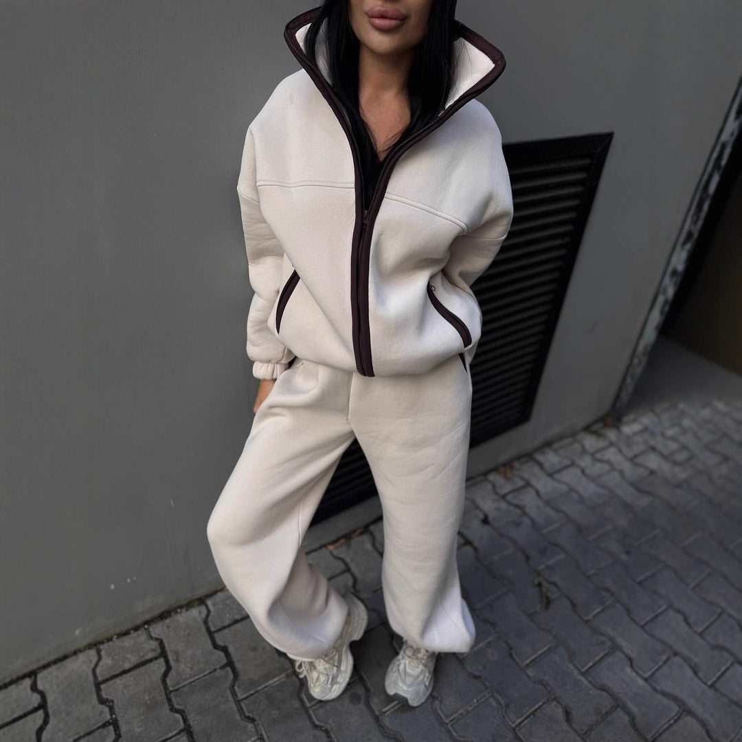 Damen Modischer Fleece-Jogginganzug mit hohem Kragen und Kängurutasche Drune