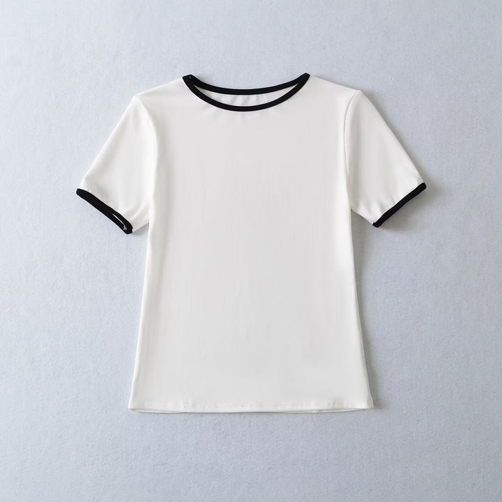 Damen klassisches T-Shirt mit kontrastierenden Ärmelabschlüssen und hochwertiger Baumwolle Drune
