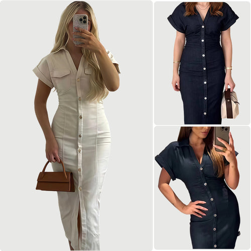 Damen Langarm Kleid mit Knopfverschluss und klassischem Hemdkragen Drune