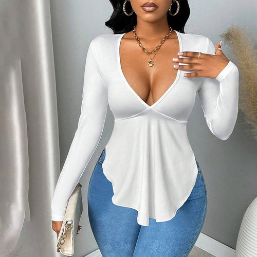 Damen elegantes Langarmshirt mit verführerischem V-Ausschnitt und modischem Schnitt Drune