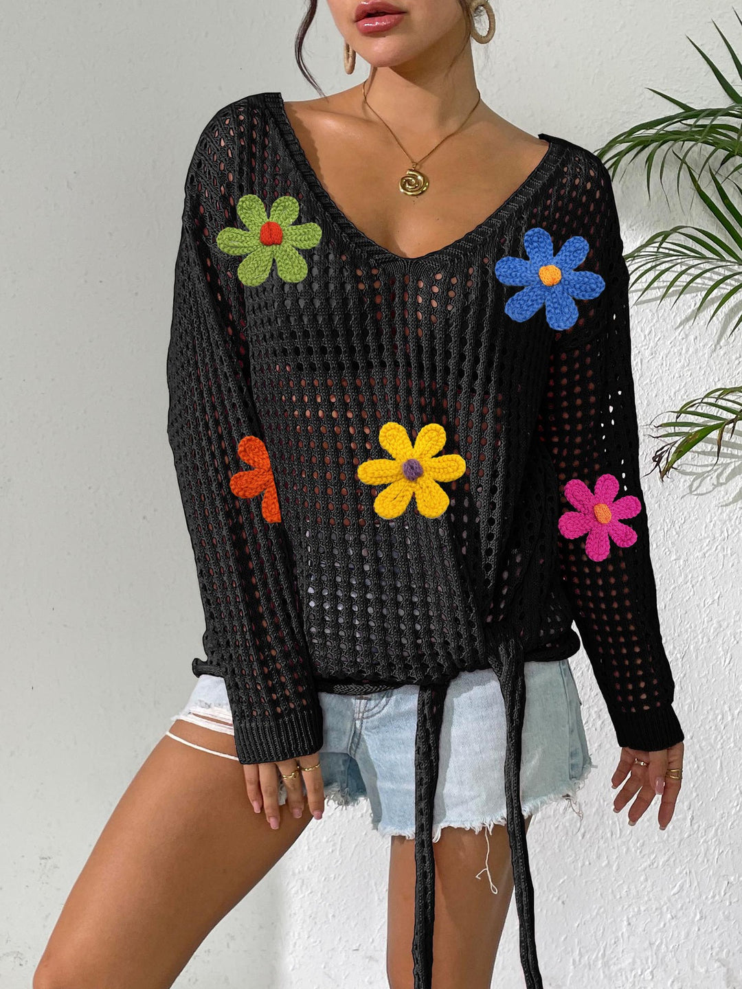 Damen Häkeloberteil mit Blumenapplikationen Drune